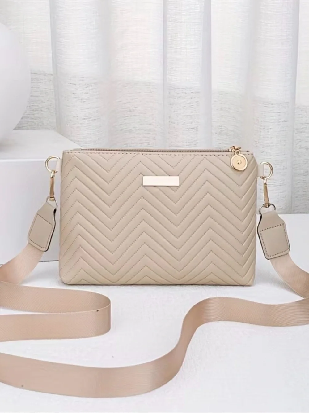 Light weight Beige Quilted Crossbody Bag with Gold Accent